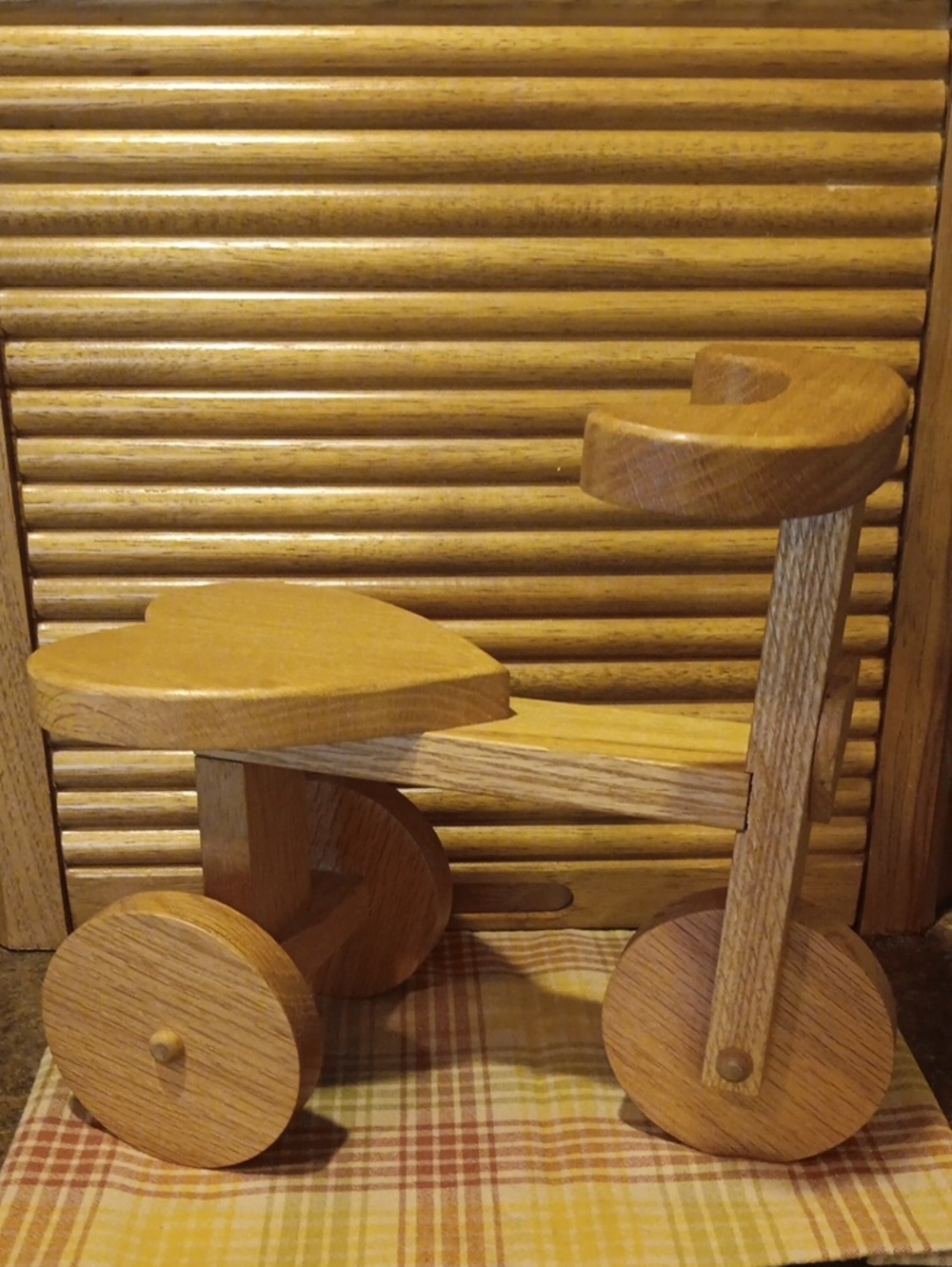Vintage 80's Handmade Oak Doll Tricycle With Hearts. Approx. 11"Hx12"Lx6"W